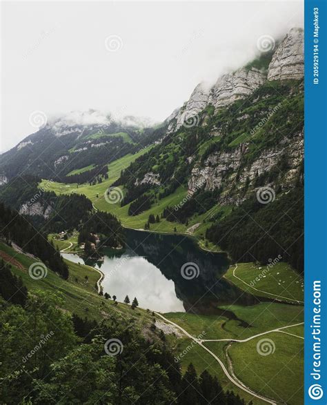 Panoramic View Of Lake Seealpsee Swiss Alpstein Alpine Mountain Range
