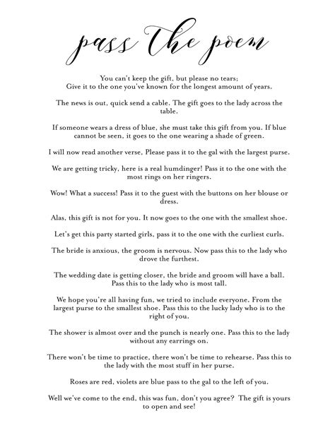 Pass The Poem Bridal Shower Game Free Printable
