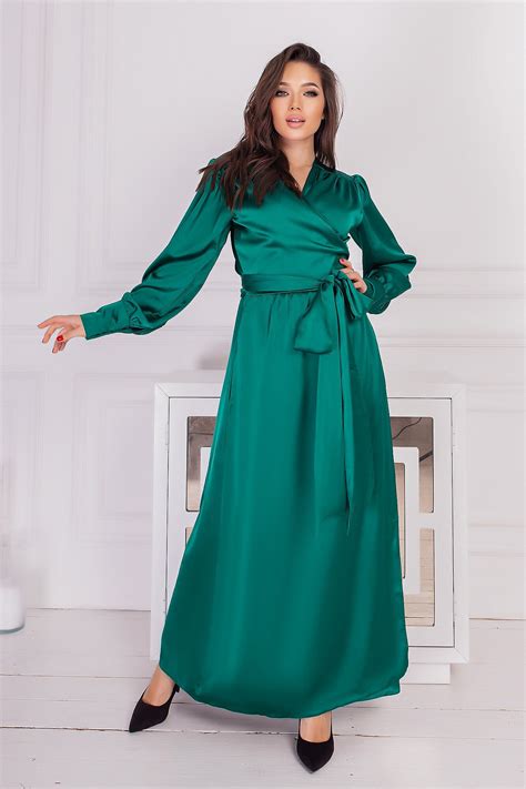 Emerald Green Satin Maxi Dress Long Sleeves Wrap Evening Dress Etsy