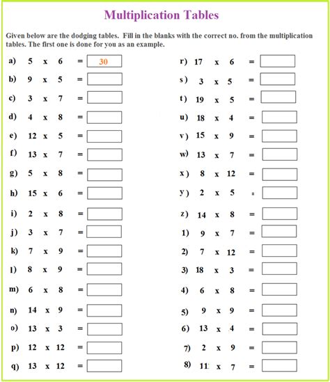 Printable Worksheets Multiplication Tables