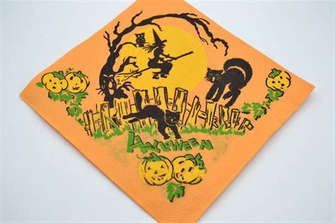 Vintage Halloween Paper Napkin Black Cats Leaping And Etsy