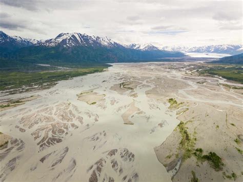 Aerial View Of Knik River Surrounding By Mountains Anchorage Alaska