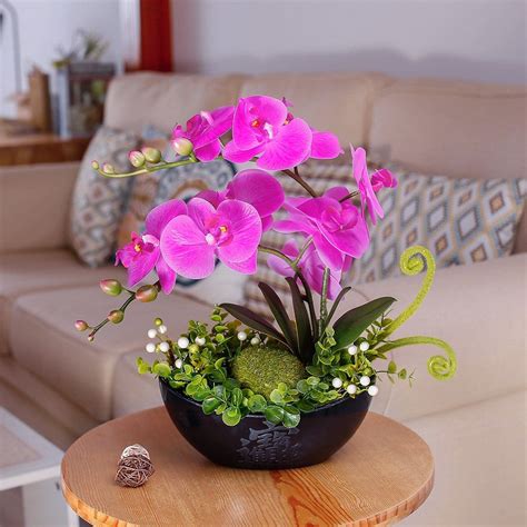 Yiliyajia Artificial Orchid Bonsai Fake Flowers With Vase Arrangement 5 Head Pu Phalaeno Faux