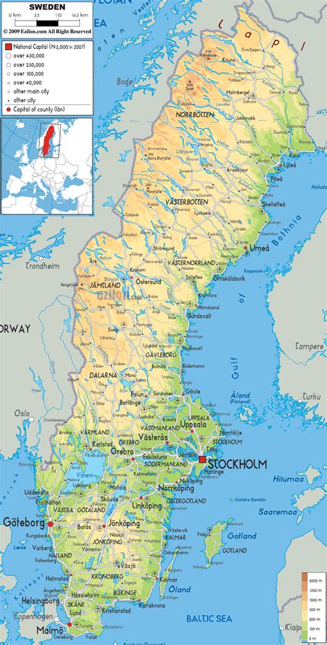 Physical Map Of Sweden Ezilon Maps