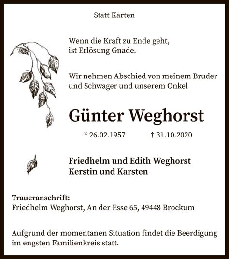 Die zoowärter hatten offenbar keine andere wahl, als zur waffe zu greifen. Traueranzeigen von Günter Weghorst | trauer.kreiszeitung.de