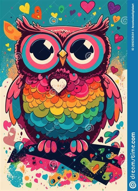 Happy Creepy Cute Colorful Whimsical Superb Owl Stock Illustration