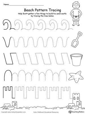Kids can trace pictures, words and letters. Beach Line Pattern Tracing | Fiches de travail pour ...