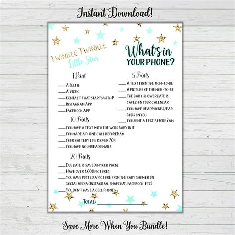 Whats On Your Phone Baby Shower Game Mint And Gold Stars Baby Shower