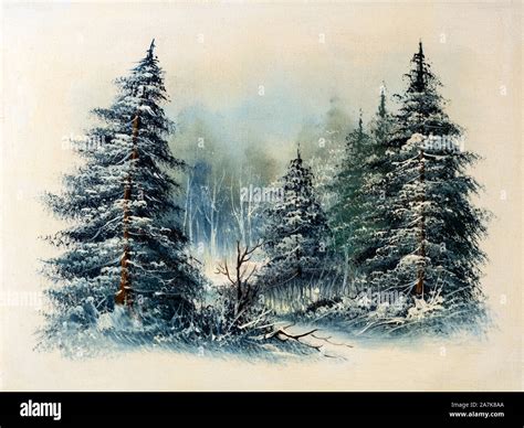 Evergreen Pine Trees Snow Covered In A Forest Winter Scene Oil