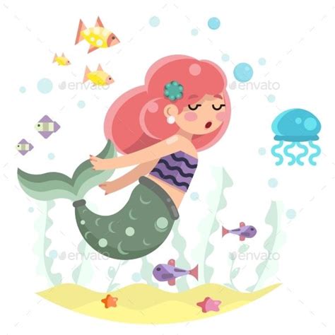Mermaid Girl Swimming In Sea Cute Mermaid Girls Swimming Character