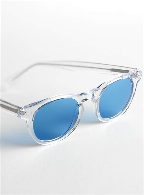 Semi Round Sunglasses In Clear With Blue Lenses The Ben Silver Collection