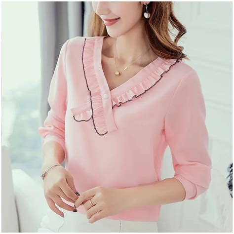 Chiffon Shirt Pink Blouse 2018 Fashion Spring Autumn Ruffles Women Long