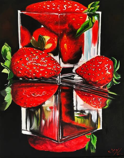 Strawberry In Wine Glass Realistic Painting Photorealistic Etsy