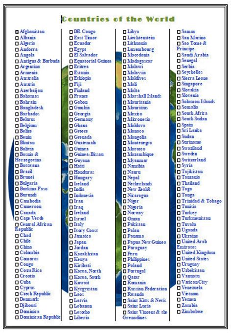 Countries Of The World Printable Checklist Travel Checklist Vacation