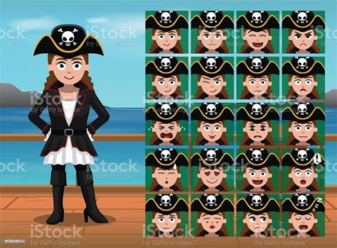 Pirate Captain Girl Dessin Animé Émoticône Visages Illustration