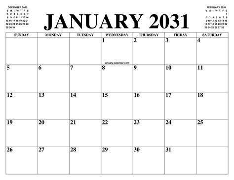 January 2031 Calendar Of The Month Free Printable January Calendar Of