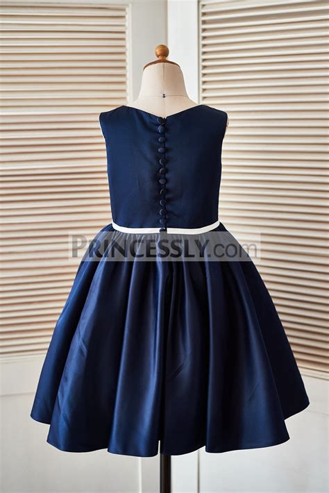 Ivory Lace Appliques Navy Blue Satin Flower Girl Dress With Sash Avivaly