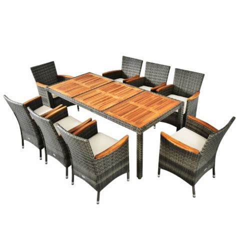 Costway 9PCS Patio Rattan Dining Set Acacia Wood Table Cushioned Chair