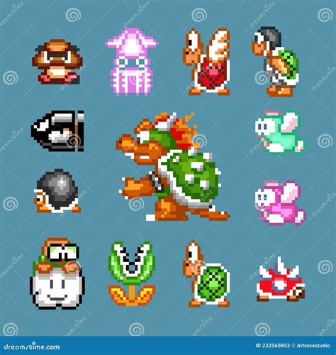 Set Of Enemies Characters From 16 Bit Super Mario Bros Classic Video
