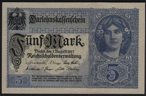 1917 5 Mark Wwi German Rare Vintage Paper Money Banknote Currency World