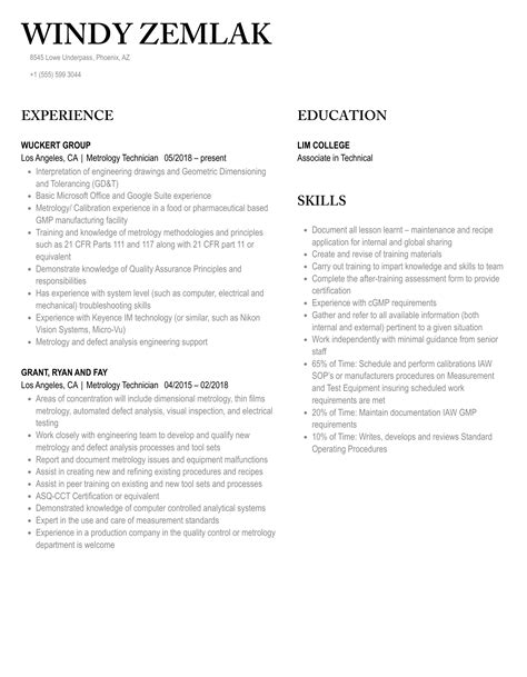 Metrology Technician Resume Samples Velvet Jobs