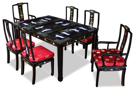 60in Black Lacquer Pearl Figure Motif Rectangle Dining Table With 6