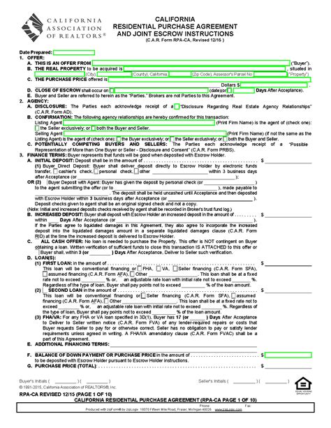 Free California Residential Purchase And Sale Agreement Pdf Word