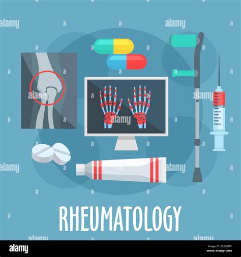 Rheumatology flat icon of diagnostic and therapy principles of
