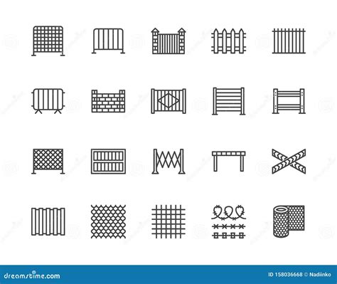 Fence Flat Line Icons Set Wood Fencing Metal Profiled Sheet Wire