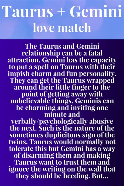 With gemini and cancer compatibility, their star signs are complementary. Taurus and Gemini Relationship Compatibility Love Match ...