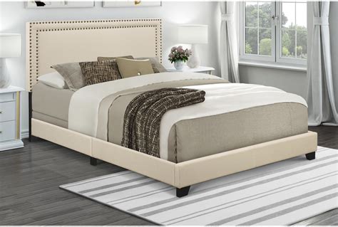 Queen Cream Nailhead Trim Banded Border Upholstered Bed Queen