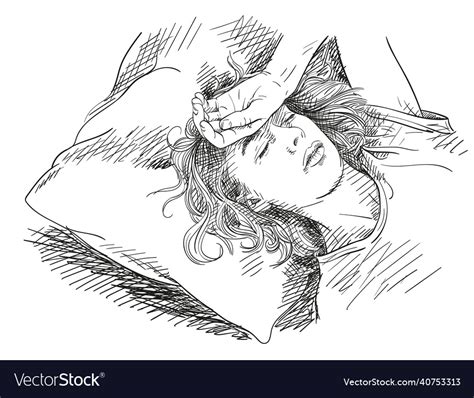 Sketch Of Tired Young Woman Sleeping In Bed Hand Vector Image