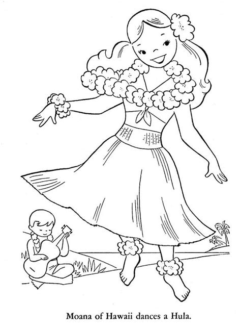 Tropical desert island with palm tree, sun and ship in ocean. Moana of Hawaiian Dances a Hula Coloring Page - NetArt