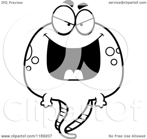 Cartoon Of A Black And White Grinning Evil Tadpole Mascot