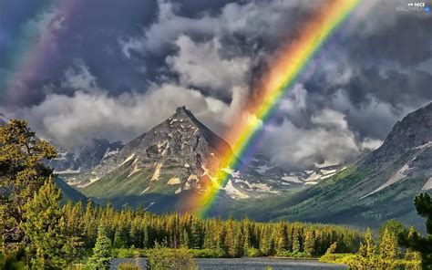 Forest Lake Clouds Mountains Great Rainbows Nice Wallpapers