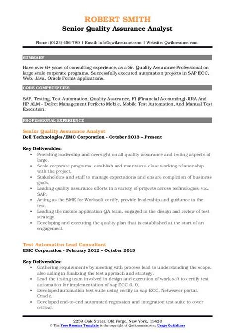 Quality analyst resume examples & samples. Senior Quality Assurance Analyst Resume Samples | QwikResume