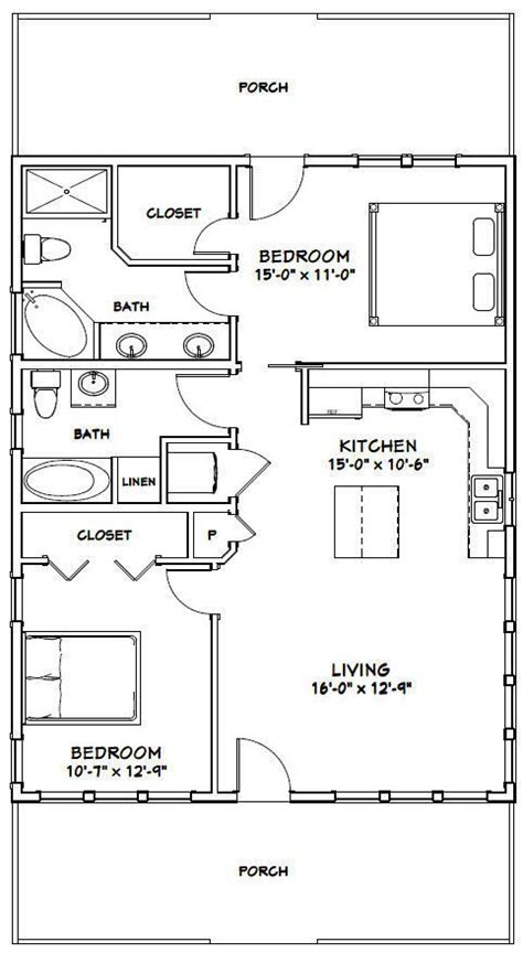 28x36 House 2 Bedroom 2 Bath 1 008 Sq Ft Pdf Floor Plan Model 2e • 29 99 Small