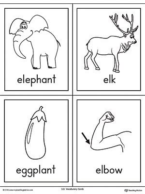 5 letter words that start with e · eager · eagle · eagre · eared · earls · early · earns · earth . Letter E Words and Pictures Printable Cards: Elephant, Elk ...