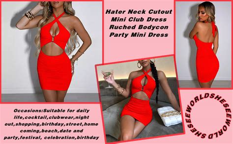 Sheseeworld Womens Sexy Club Sleeveless Halter Neck Ruched Bodycon Mini Party Dress