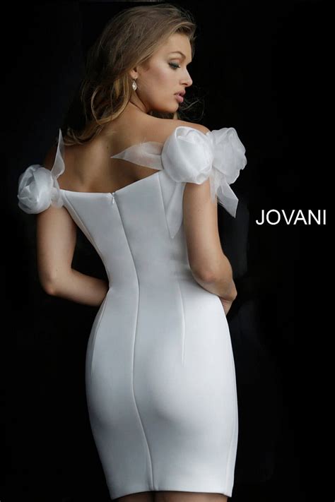 White Short Fitted Off The Shoulder Informal Scuba Bridal Dress