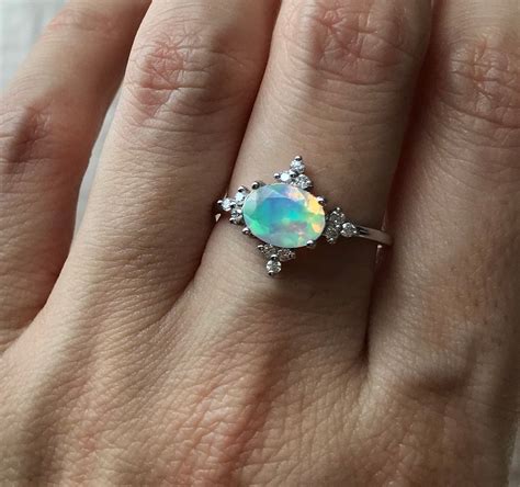 Oval Opal Diamond Engagement Ring Natural Genuine Opal Promise