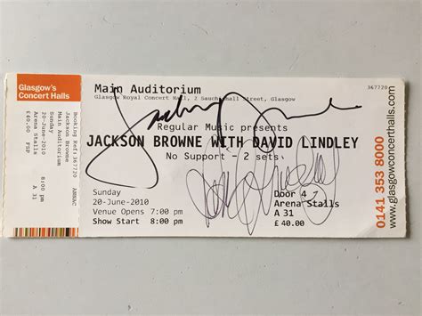 Jackson Browne And David Lindley Autographed Concert Ticket From The