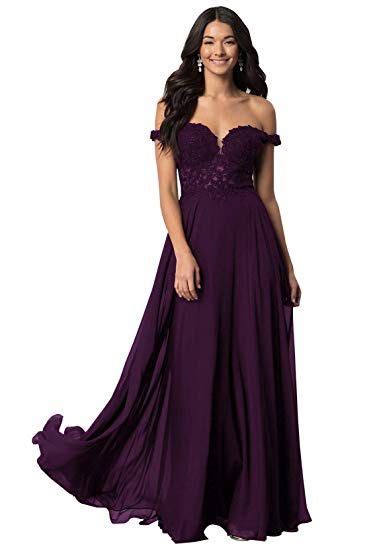 Women S Off The Shoulder V Neck Lace Bodice Evening Formal Gown Chiffon Long Prom Dress Plum