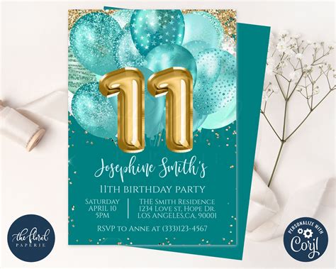 11th Birthday Invitation Template Editable Teal And Gold Etsy