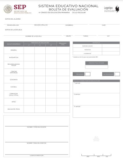 Boleta De EvaluaciÒn 4º Primaria Ciclo Escolar 2020 2021