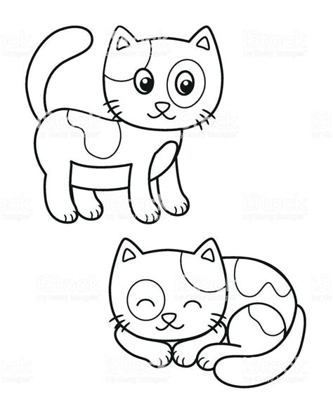 Cute Set Of Cartoon Cat Vector Black And White Illustrations For