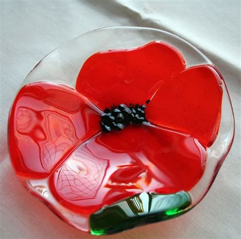 Ruby Red Poppy Flute Fused Glass Bowl Home Decor Flowing Flower 5 Round Decorative Art Glass