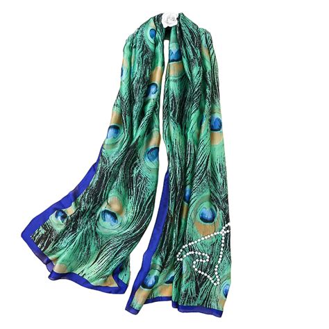 Luxury Brand Women Silk Scarf Shawl Fashion Peacock Feather Printed