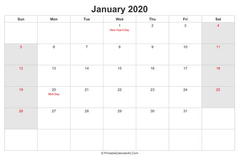 January 2020 Calendar With Us Holidays Highlighted Landscape Layout