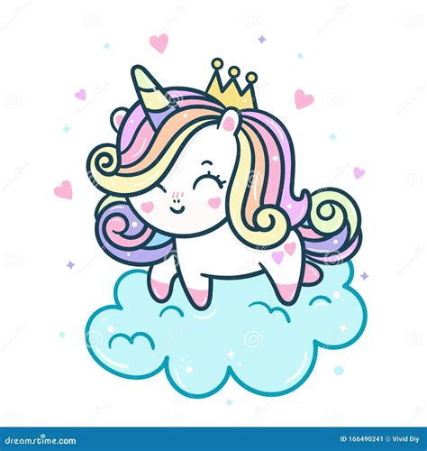 Cute Pony Vector Princess Unicorn Cartoon On Cloud Kawaii Animal Girly